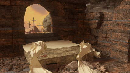 Crucifixion and Resurrection. Empty tomb of Jesus with crosses in the background. Easter or Resurrection concept render 3d
