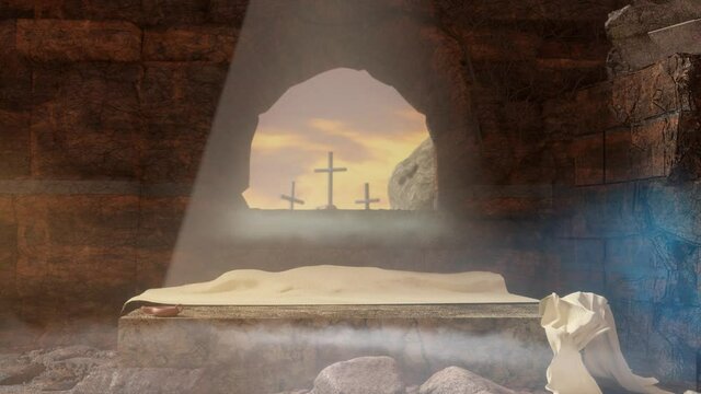 Crucifixion and Resurrection. Empty tomb of Jesus with crosses in the background. Easter or Resurrection concept render 3d