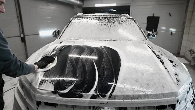 Man washing the car back after shampooing the bodywork wiping the car surface with a special cleaning glove.