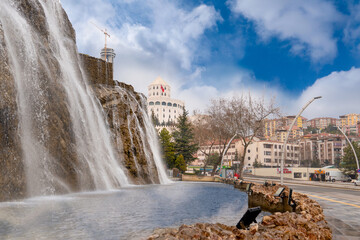 Ankara, Turkey - March 21 2021:  Kecioren district with Esztergom castle and artificial waterfall