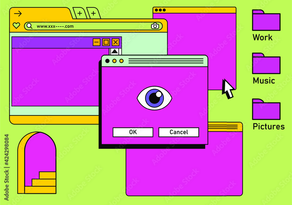 Aufkleber Retro vaporwave desktop with message boxes and user interface elements. A conceptual illustration of website and application programming.