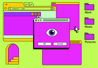 Obraz premium Retro vaporwave desktop with message boxes and user interface elements. A conceptual illustration of website and application programming.