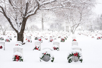 Yakima, Washington, Tahoma Cemetary, USA, December 17th, 2015; CAP participants placed beautiful christmas wreathes across all the buried soldiers graves at the Tahoma Cemetery in Yakima, Washingotn. - Powered by Adobe