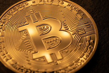 Bitcoin coins closeup. Golden Crypto coins. Cryptocurrency and Blockchain concept. Digital Gold