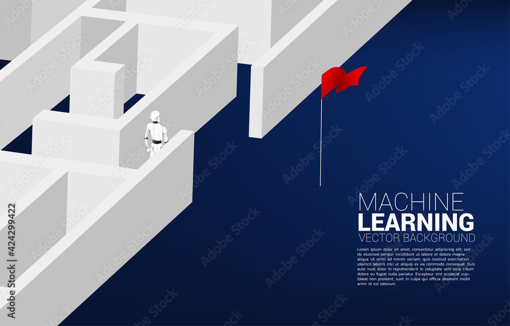 Poster Robot walking out to exit to red flag. A.I concept for problem solving and finding idea.