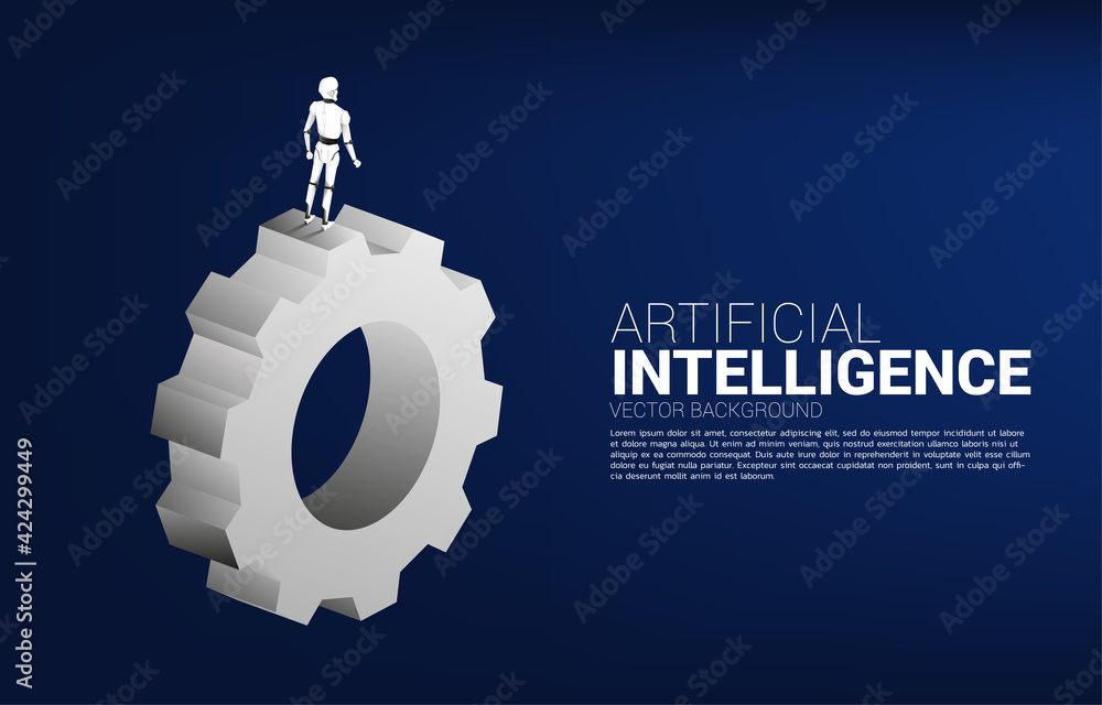 Poster silhouette of robot standing on big gear. concept of artificial intelligence and machine learning wo