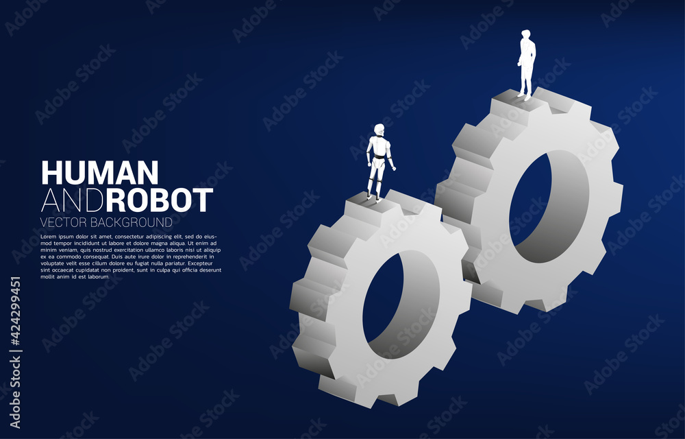 Fototapete Cooperation of human and robot on gear system. Business concept for machine learning and a.i artificial intelligence.human vs. robot.