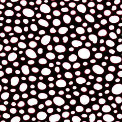 White and Red vector dots elements as seamless repeat pattern with black background. Circle all over print.