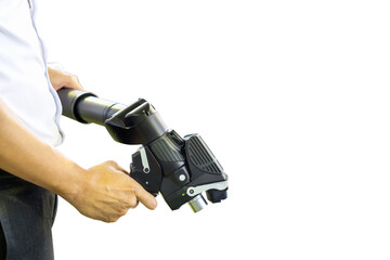 Man holding Portable gun scan or handheld 3d laser scan instrument of high technology and modern for measuring or reverse engineering industrial manufacture isolated with clipping path