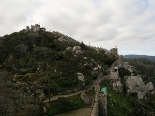 Panorama view of medieval historic moorish castle ruins fortress of Castelo dos Mouros in Sintra...