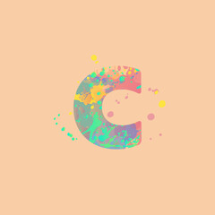 Letter C with multicolored mixed spots of pink, yellow, blue, turquoise paint on peach background. Design for banners, flyers, tags, decorations, poster or invitation.