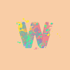Letter W with multicolored mixed spots of pink, yellow, blue, turquoise paint on peach background. Design for banners, flyers, tags, decorations, poster or invitation.