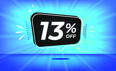 13% off. Blue banner with thirteen percent discount on a black balloon for mega big sales.