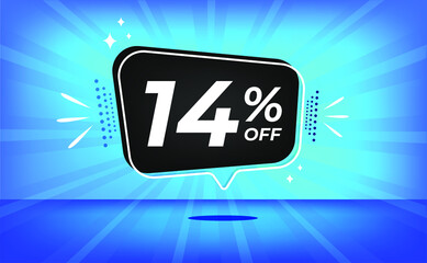 14% off. Blue banner with fourteen percent discount on a black balloon for mega big sales.