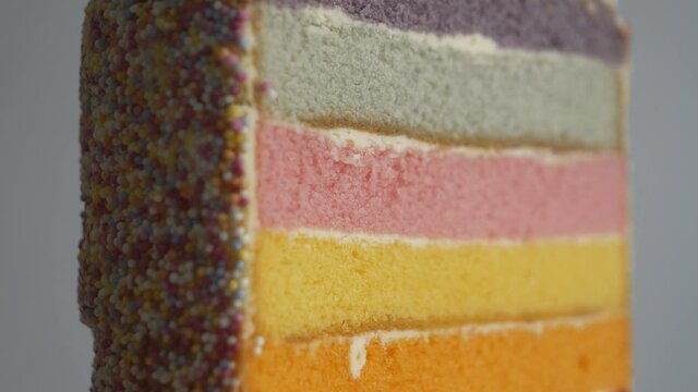 A close up view of a rainbow cake slice.&nbsp;