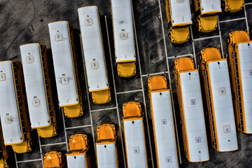 Aerial view of school buses in a parking lot, Sebastian, Florida, United States.