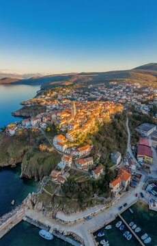 Aerial view of Vrbnik at sunset, Krk island, Croatia.