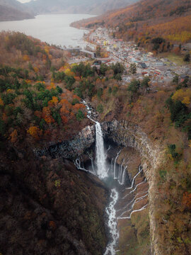 Aerial view of the Keagon waterfalls in a cold misty morning, Chugushi, Nikkō, Tochigi, Japan.