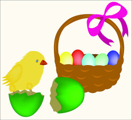 A chicken with a basket of coloured eggs. An easter card.