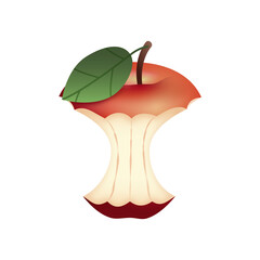 Jabłko - ogryzek. Ilustracja czerwonego ogryzionego jabłka z zielonym listkiem na białym tle. - obrazy, fototapety, plakaty