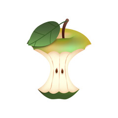 Jabłko - ogryzek. Ilustracja zielonego ogryzionego jabłka z listkiem i pestkami na białym tle.
