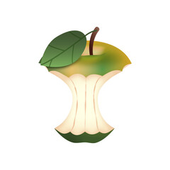 Jabłko - ogryzek. Ilustracja zielonego ogryzionego jabłka  z listkiem na białym tle. - obrazy, fototapety, plakaty