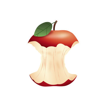 Jabłko - ogryzek. Ilustracja czerwonego ogryzionego jabłka z zielonym listkiem na białym tle.