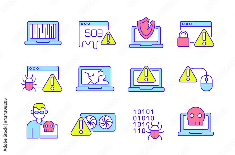 Poster computer problems color icons set. error. virus. thin line customizable illustration. contour symbol