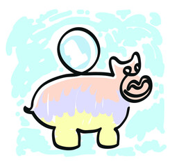 One line drawing of piggy bank.
One continuous line drawing of piggy bank and one coin.