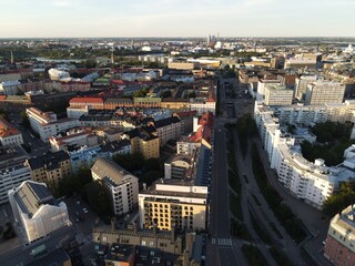 Aerial close view to Helsinki central residental area. Finland sunset