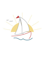 sailboat with flag, sun and birds