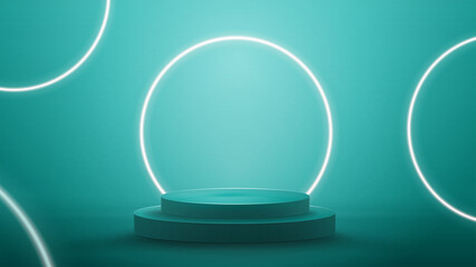 Blue abstract scene with neon white rings. Empty podium with white neon rings on background.