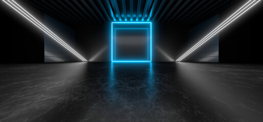 Sci Fy neon lamps in a dark tunnel. Reflections on the floor and walls. 3d rendering image.