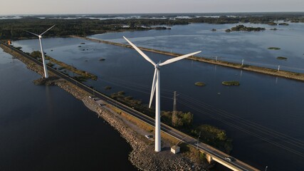 Aerial view of windmills in Pori, Finland. Wind turbines. Wind electric power