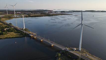 Aerial view of windmills in Pori, Finland. Wind turbines. Wind electric power