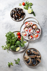 Seafood shellfish clams, mussels and scallops on gray plates