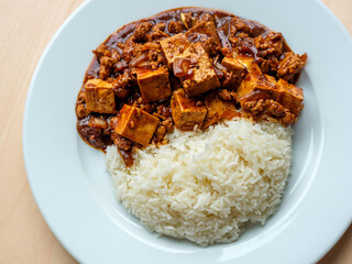 Homemade White Rice and Mapo Tofu, Chinese Sichuan Style Bean Curd Cooked with Ground Pork, Black Sauce, Pepper, Ginger, Onion, Garlic, and Cornstarch.