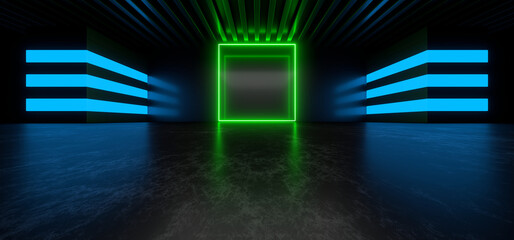 Obraz premium Sci Fy neon lamps in a dark tunnel. Reflections on the floor and walls. 3d rendering image.