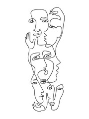 Continuous hand drawing style art. Black and white vertical abstract composition with people portrets and body parts.
