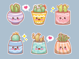 Set of cute succulents plant and cactus cartoon