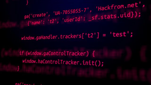 red Code Programmer coding on black Computer screen Loop Animation Bacckgrounds. an engineer developing software app using Personal Computer and typing code on screen.
