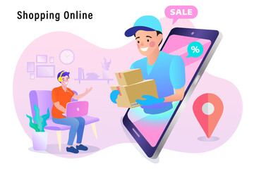 The convenience of shopping from home. A man orders online during a sale, and a courier emerges from a smartphone to deliver the packages right to the customer's door.