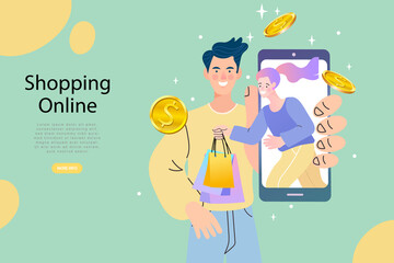 A couple enjoys a remote online shopping date via video call. The man and woman buy gifts together on a mobile app, illustrating a long-distance relationship and modern e-commerce.