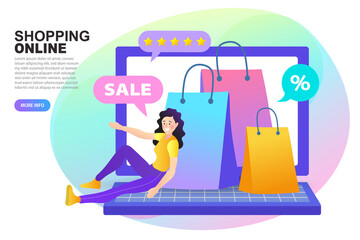 The satisfaction of a successful online shopping spree. A happy woman sits on her laptop, surrounded by bags from a big sale, leaving a 5-star review for the great deals.