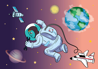 Astronauta reperuje satelite w przestrzeni kosmicznej, prom kosmiczny, kosmos, planeta, ziemia, księżyc, eksploracja, komunikacja, łączność, podróże, gwiazdy, rakieta, kosmonauta