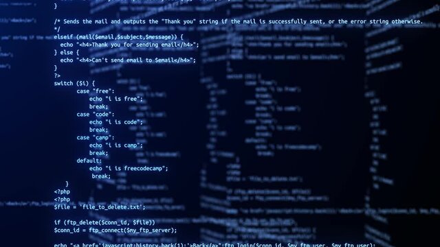 4k Programming code running over computer screen terminal, hacking Animation. Technology background with abstract digital code motion. Software development process concept in a cyberspace