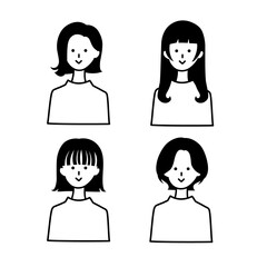 シンプルな女性アイコンセット1　白黒