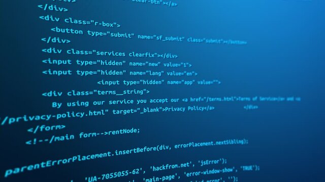 Blue Screen Modern tech. Program development and blockchain concept. Developer working on program codes in office. Shallow depth bokeh, selective focus effect. Hacking or protection data. Close up