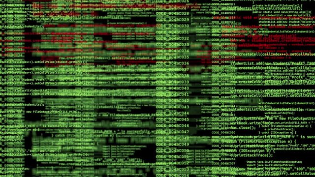 4k Animation of programming on abstract digital screen Background. Variety Code languages and colors in my profile: C, Assembler, Java, Javascript, HTML and CSS. Animation loop.