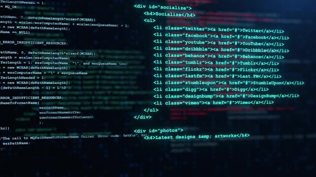 Developer is browsing html code on the computer screen Loop Animation. HTML Web Page Code Scrolling Programming code technology for software developer and Computer script concept.